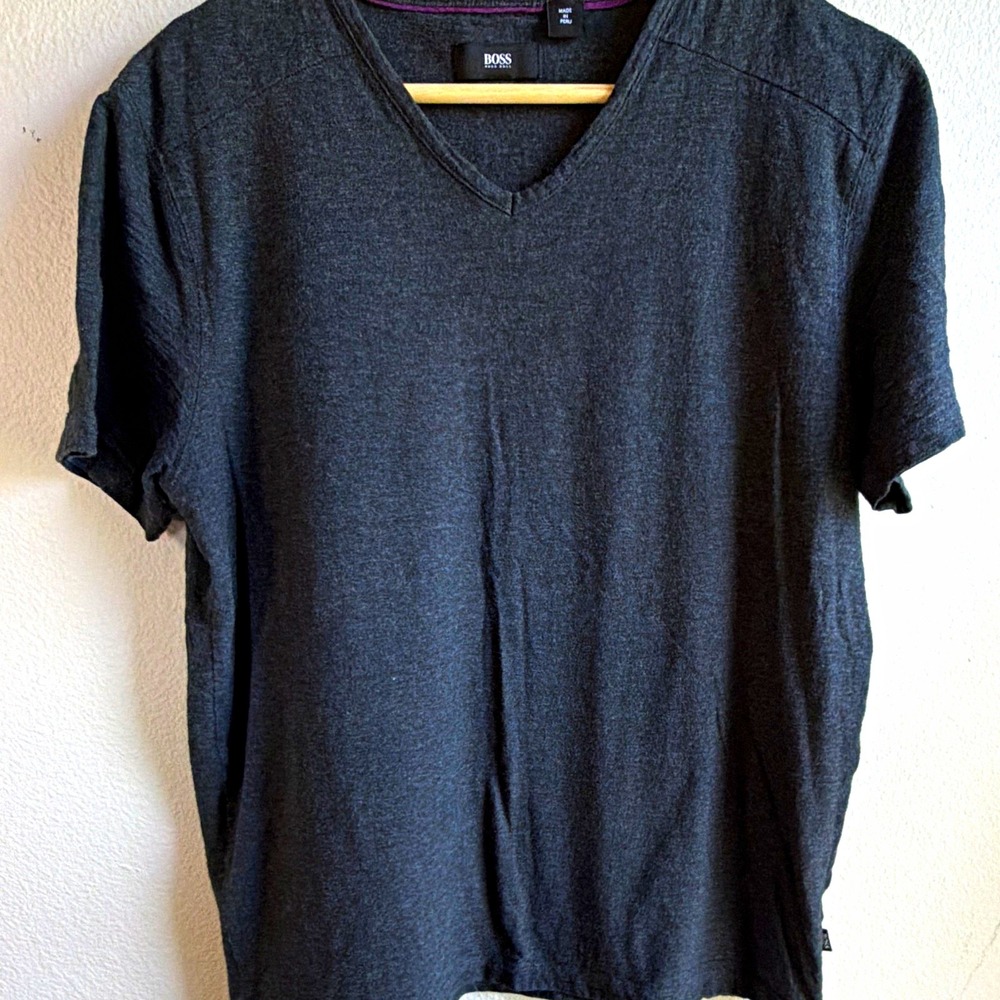 BOSS Hugo Boss Men's Gray Solid V-Neck Short Sleeve Logo T-Shirt Size S